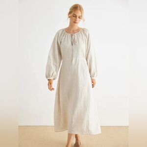 Grae Cove Maddie 100% Linen Puff Sleeve Drawstring Waist Maxi Dress XL